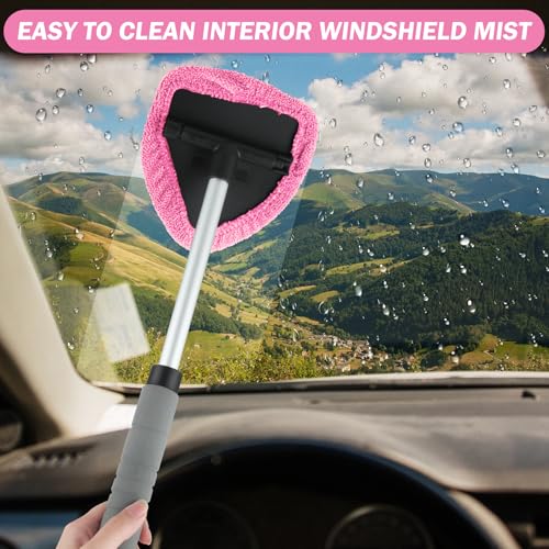 8 Pcs Car Window Cleaner Kit Triangle Shape Include Windshield Cleaning Tool with Extendable Handle 5 Microfiber Bonnets 1 Car Ventilation Brush 1 Empty 50ml Spray Bottle Glass Wiper Kits, Pink - color: Pink