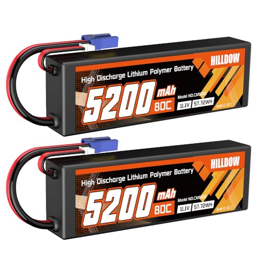 Hilldow 5200mAh 11.1V RC Battery 80C 3S Lipo Battery with EC5 Hard Case for RC Vehicles Car Buggy Truggy Airplane Drone(2packs)