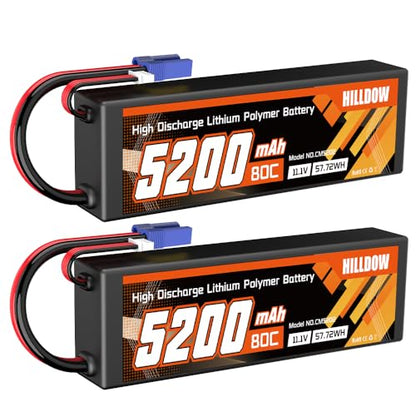 Hilldow 5200mAh 11.1V RC Battery 80C 3S Lipo Battery with EC5 Hard Case for RC Vehicles Car Buggy Truggy Airplane Drone(2packs)