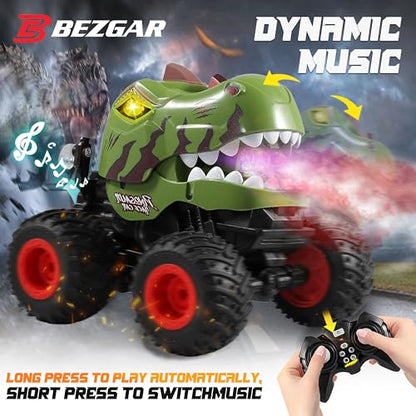 BEZGAR Monster Truck Toys - Remote Control Monster Truck with Spray, Light, Music, Dinosaur Toys for Kids, 1:20 Scale RC Truck with 360° Spins and Drifting, Remote Control Car for Boys 4-7 Camo Green - color: Camo Green