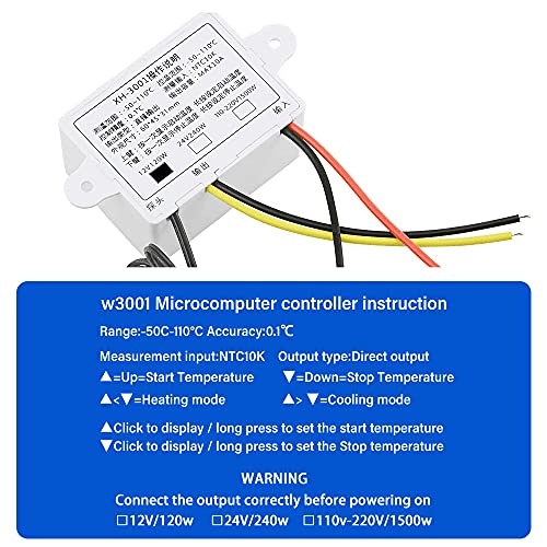 XH-W3001 DC 12V 10A Microcomputer Digital Temperature Controller Digital Display Thermostat Control Switch and NTC 10K Thermistor Sensors Digital Temperature Probe (12V 120W)