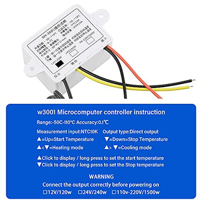 XH-W3001 DC 12V 10A Microcomputer Digital Temperature Controller Digital Display Thermostat Control Switch and NTC 10K Thermistor Sensors Digital Temperature Probe (12V 120W)