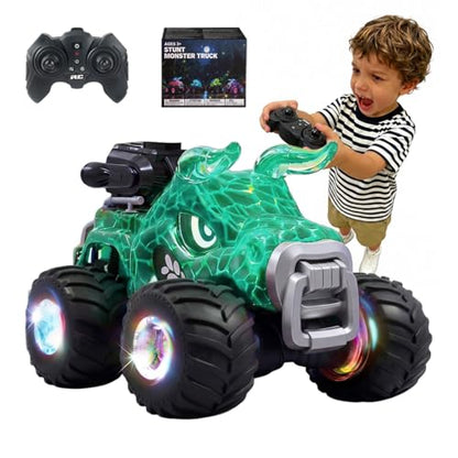 BEZGAR Monster Truck Toys, 1:18 Remote Control Monster Truck with Water Spray & Dancing Spins, 4WD RC Truck for Boys 4-7, RC Cars with 2 Batteries, Toys for 4+ Year Old Boys(Cyan) - color: Cyan