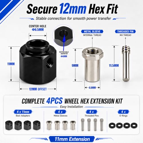 4PCS 12mm Hex Hub 11mm Offset Wheel Hex Extension for Traxxas TRX4 TRX6 | CNC Metal Wheel Spacer for RC Crawlers Helps Increase Track Width and Side-Hill Stability Reduce Vibration Add Tire Clearance - color: black