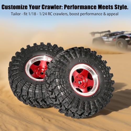 1.3” RC Beadlock Wheel Tires Set 70 * 26mm for 1/18 1/24 SCX24 TRX4M, Red | Aluminum Wheel Rims Super Large Soft Mud Terrain Rubber Off-Road Tires for 1/18 1/24 Micro Crawler Car SCX24 TRX4M Upgrade - color: Red