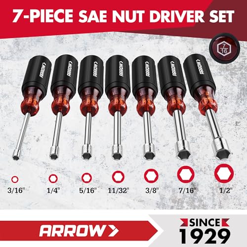 ARROW 7 PCS SAE Nut Driver Set with 1-Inch Hollow Shaft | Non-Slip Grip, Cr-V Steel, Hex Sizes 3/16, 1/4, 5/16, 11/32, 3/8, 7/16, 1/2-Inch, Easy for Tightening and Unscrewing