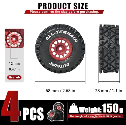 4PCS Pre-Glued 1/14 RC Tires and Wheels, 68×28mm All-Terrain Rubber Short Course Truck Tires with 12mm Hex Nylon Rims for ARRMA Mojave GROM, 1/14 1/18 RC Off-Road Trucks Red - color: Red
