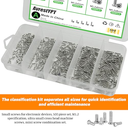 500Pcs 304 Stainless Steel Metric Micro Screws Nuts Assortment, M1.2x3/4/5/6/8mm Sizes, Phillips Pan Head, Fully Threaded Kit for Arduino, RC Models, Electronics, DIY Projects - size: M1.2x3/4/5/6/8-500Pcs