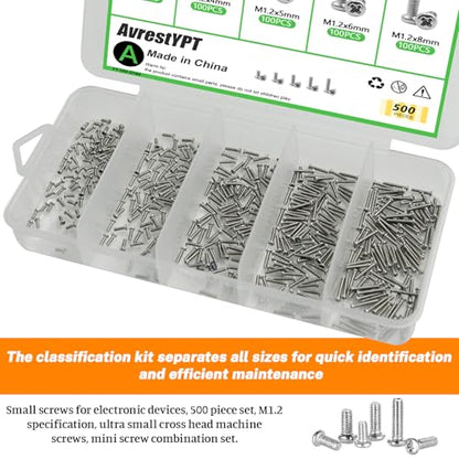 500Pcs 304 Stainless Steel Metric Micro Screws Nuts Assortment, M1.2x3/4/5/6/8mm Sizes, Phillips Pan Head, Fully Threaded Kit for Arduino, RC Models, Electronics, DIY Projects - size: M1.2x3/4/5/6/8-500Pcs