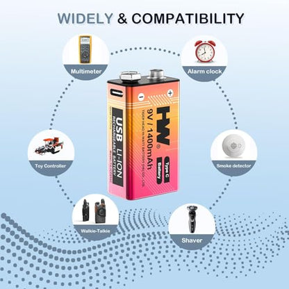HW 9 Volt Batteries 4 Pack, 1400mAh Rechargeable Lithium Battery 9V with USB C Fast Charging Cable, 1000 Cycles Square Baterias for Smoke Detectors, Fire Alarms, Remote Controls, Clocks and More