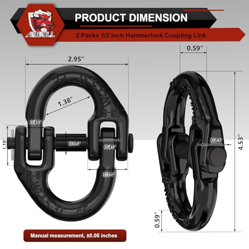 2 Pack 1/2" Safety Chain Connector Link, G80 Tow Hitch Hammerlock Coupling Link, Tow Chain Connector with 12000 lbs Loading (Black) - color: Black