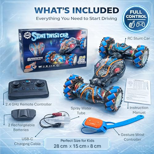 Gesture Control RC Car for Kids – Transparent Colorful Twist Drift Stunt Car, Hand Gesture Sensor, 4WD Double-Sided Car, 360° Spins & Flips, LED Lights, Spray Exhaust, All-Terrain Toy Boys 6-12