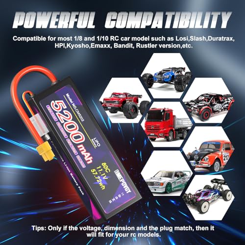 11.1V Lipo Battery 3S 5200mAh 80C Lipos Hard Case with XT60 Connector for RC Car Trucks 1/8 1/10 RC Vehicles(2 Packs) - color: Hardcase-2