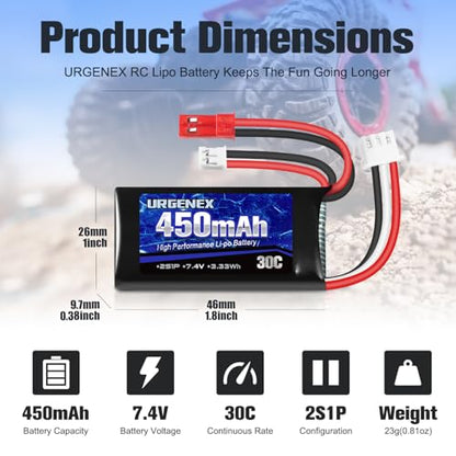 7.4V Lipo 2S 30C 450mAh Rechargeable Lipo with JST & PH2.0 Plug SCX24 with 1to2 USB Charger Fit for Most 1/10, 1/16, 1/18, 1/24 Scale RC Car Truck and RC Drone Airplane