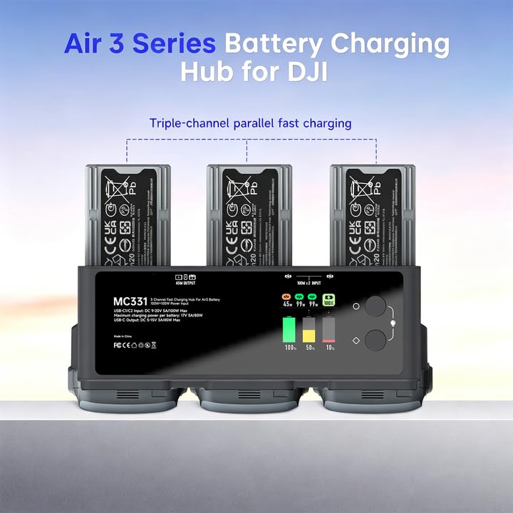 200W DJI Air 3/3S Battery Charging Hub 3-Channel Parallel Fast Charging Dual USB-C Input for DJI Air 3/3S Drone/RC, App Control/Storage/Discharge/LED Display