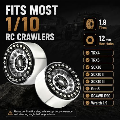 4PCS 1.9" RC Beadlock Wheels with12mm Hex & -6mm Offset Aluminum 30mm Wide Rims for 1/10 RC Crawler, Compatible with TRX4 TRX6 SCX10 SCX10 II III Gen8 RC4WD D90 90046 AXI03007 - color: Black-Silver