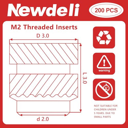 Newdeli 200pcs M2 Heat Set Inserts M2x3x3 Threaded Inserts for Plastic and 3D Printing Components Brass Metric Knurled Nuts Kit - size: M2x3x3 (200 pieces)