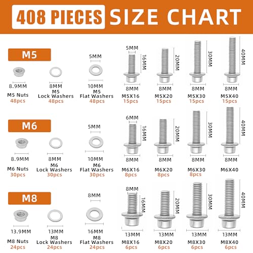 304 Stainless Steel (A2-70) Metric Bolt & Nut Assortment Kit - 408pcs M5/M6/M8 Hex Bolts, Nuts & Washers Set - Fully Threaded 18-8 Stainless Steel Hardware Kit - size: 408PCS Kit
