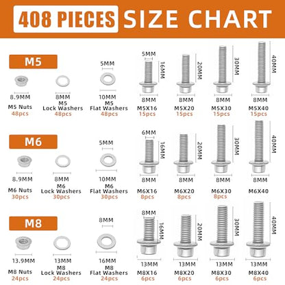 304 Stainless Steel (A2-70) Metric Bolt & Nut Assortment Kit - 408pcs M5/M6/M8 Hex Bolts, Nuts & Washers Set - Fully Threaded 18-8 Stainless Steel Hardware Kit - size: 408PCS Kit