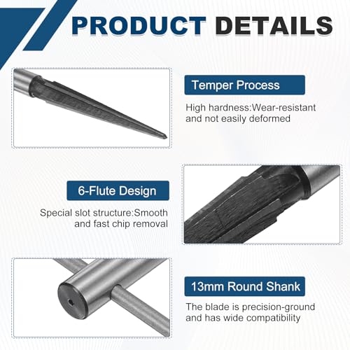 uxcell 2Pcs t Hand Tapered Reamer Tool, 1/8"-1/2" (3-13mm) & 3/16''-5/8'' (5-16mm) 6 Fluted Chamfer Reaming Tool Metal Taper Reamers for Woodworker Guitar Luthier Deburring Tools