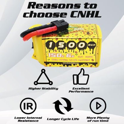 CNHL Speedy Pizza 1500mAh 6S Lipo Battery 22.2V 150C XT60 Plug (2 Packs) | Low internal resistance offers explosive acceleration and agile control for FPV racing drones and cinematic quadcopters.