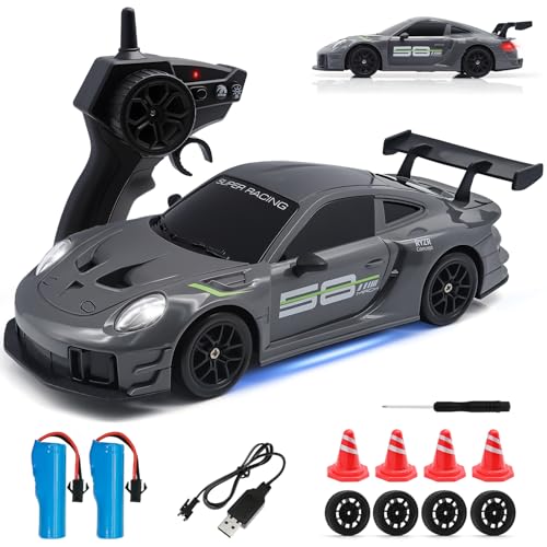 RC Drift Car, 1:24 4WD Remote Control Cars Vehicle with LED Light,2.4GHz 20KM/H High Speed RC Cars with Two Batteries & Drifting Tires Racing Sport Toy for Adults Boys Girls Kids - color: Grey