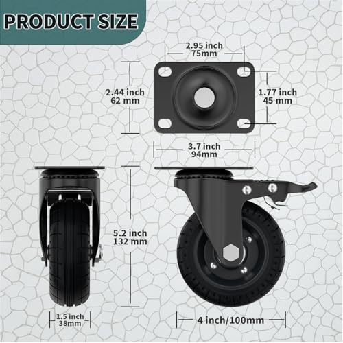 4'' Plate Caster Wheel Swivel with Brake Solid Rubber Iron Rim | Dual Lock, Set of 4, 1000 Lbs Load, Steel Core, Silent Soft Tire, All Terrain, Outdoor, Off Road, for DIY Carts, Workbench