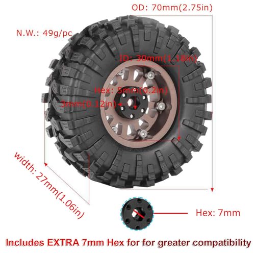 1.3” All-Terrain Tire and Wheel Set, Metal Beadlock 5mm & 7mm Hex Wheels for SCX24 TRX4M 1/12 1/14 1/18 1/24 RC Crawler Car (C, Black) - color: C, Black