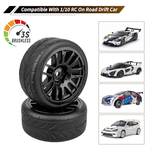 Preglued 1/10 RC Touring Wheels Tires Set 12mm Hex with Foam Inserts Compatible with Tamiya TT02 TT01 Traxxas 4tec 2.0 3.0 RC On Road Car