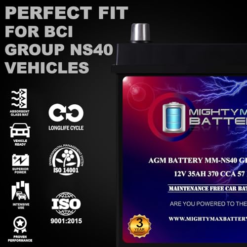 Mighty Max Battery MM-NS40 Start and Stop Car BCI Group Size NS40 12V 35Ah, 57RC, 370 CCA Rechargeable AGM Car Battery - style: Group NS40