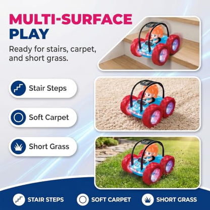 4WD RC Stunt Car for Kids Ages 3+, Blue Car with Girl | LED lights, built-in music, 360° spins, 180° flips, 2.4GHz remote, solid tires, indoor outdoor play - color: Blue