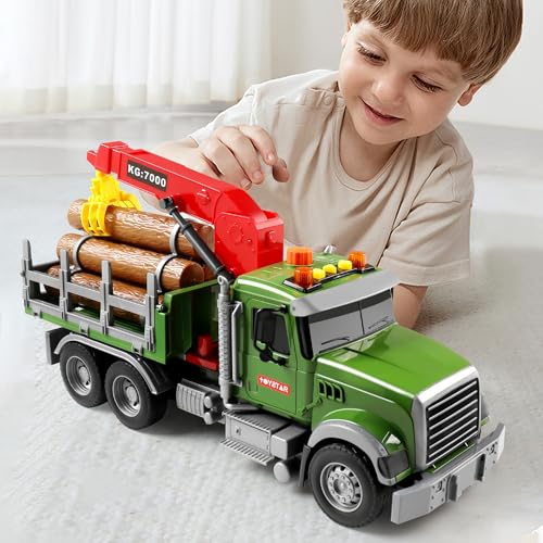 Dwi Dowellin Kids Toys for 3 4 5 6 7 Years Old Boys,15" Large Timber Truck with Loading Crane and 6 Trunks,Birthday Gifts for Boy Toddler Child - style: farm truck