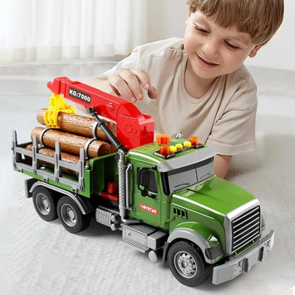 Dwi Dowellin Kids Toys for 3 4 5 6 7 Years Old Boys,15" Large Timber Truck with Loading Crane and 6 Trunks,Birthday Gifts for Boy Toddler Child - style: farm truck