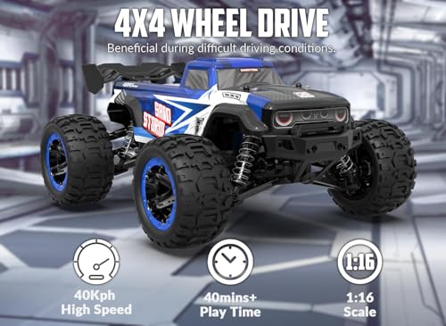 RC Truck 1:16 4x4 All Terrain RC Car 40KPH High Speed Remote Control Cars for Adults, Off-Road Monster Truck with 2.4Ghz Radio Control,2 Batteries (Blue)