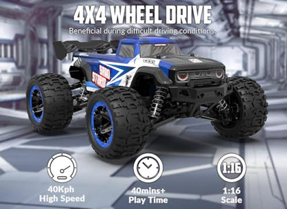 RC Truck 1:16 4x4 All Terrain RC Car 40KPH High Speed Remote Control Cars for Adults, Off-Road Monster Truck with 2.4Ghz Radio Control,2 Batteries (Blue)