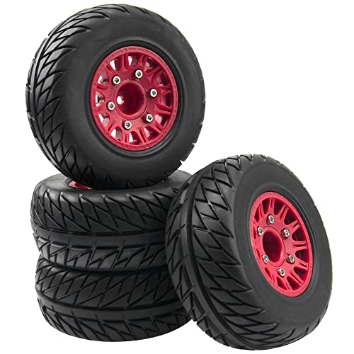 4Pack Vgoohobby 4.45" 1/10 RC Off-Road Car Rubber Tires & Plastic Wheels Rim Compatible with Traxxas Arrma Redcat Tamiya HPI Kyosho 1/10 RC Off-Road Buggy Short-Course Truck (Red,Style 2 Tire-Skin)