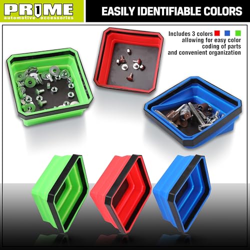 PR1ME Collapsible Magnetic Parts Tray Set, Foldable Magnetic Tray, 3 Pieces 4.25 inch Square Silicone Bowls with Magnetic Base Stores and Organizes Small Parts and Tools - size: Basic Trays