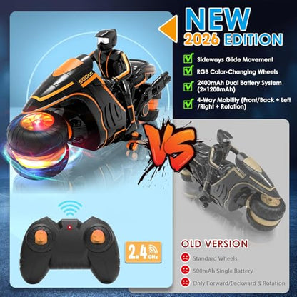Remote Control Motorcycle with RGB Lights & Exclusive Side Glide | Ready-to-Play with 2 Batteries | 2.4GHz RC Stunt Bike Gift for Kids 5-12 - color: Orange