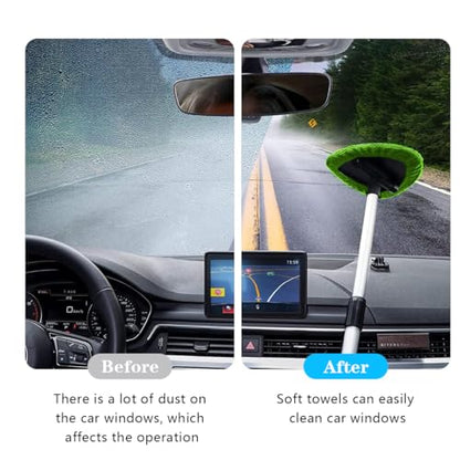 Car Windshield Cleaning Tool, Automotive Window Cleaner with 4 Reusable Washable Microfiber Pads & Extendable Handle, Vehicle Glass Wiper Kit, Universal for RV, SUV, Truck (Green) - color: Green