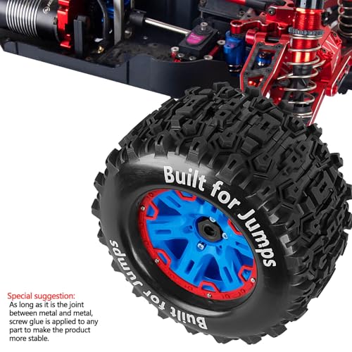 RC Truck Tires 1/8 17mm Hex RC Wheel Tires for 1/8 Monster Truck Tires Traxx as/Arrm a 6S/Summi t/ERveo/Redc at/HPI JLB Cheetah RC Off-Road etc,Hard Plastic Rubber Tyres,Red&Blue - color: Red With Blue(4PCS）