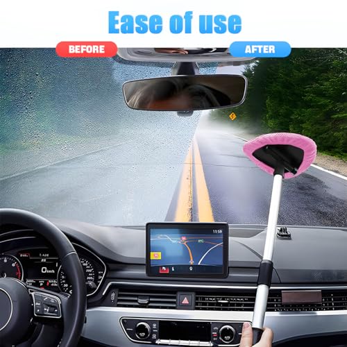 Windshield Cleaning Tool, Car Window Cleaner with Extendable Long Handle and 4 Washable Reusable Microfiber Pads, Auto Interior Exterior Glass Wiper Cleaning Kit Universal for Office and Home (Pink) - color: Pink