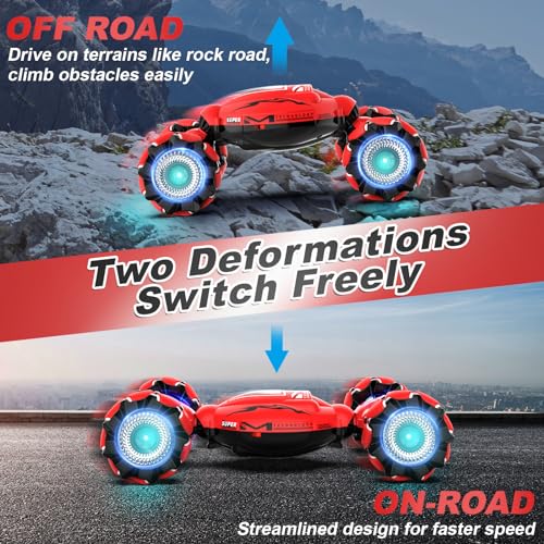 Fosgoit RC Car Toys for Boys Girls 6-12, Birthday Xmas Gifts for 6 7 8 9 10 11 12 Years Old, Gesture Sensing RC Stunt Car with Lights Music 2.4GHz 4WD Hand Remote Control 360° Rotate All-Round Drift - color: Red-black