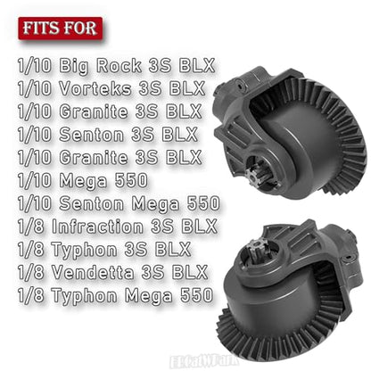 Metal Front & Rear Differential Gear Assembly Upgrades Part for 1/10 Big Rock Vorteks Granite Senton Granite 3S BLX Senton Mega 550,1/8 Infraction Typhon Vendetta 3S BLX,Black