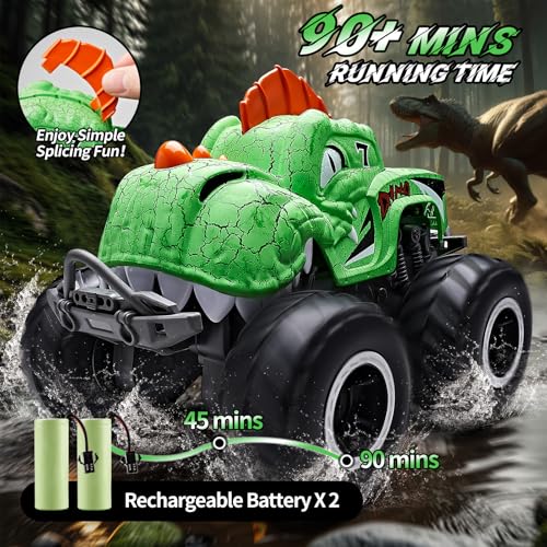 Amphibious Remote Control Car, 1:20 Waterproof Dinosaur Monster Trucks for Boys Age 4-7, 2.4GHz All Terrain RC Cars with 2 Batteries, 360° Rotating Stunt RC Car Toy Birthday Gift for Kids 3-5 - color: Kelly Dinosaur Truck