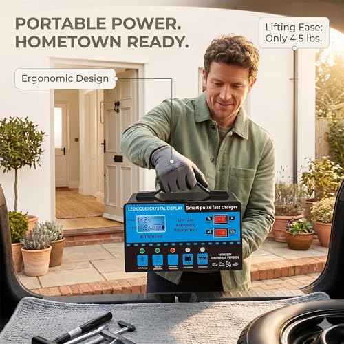 12V/24V Smart Car Battery Charger with LCD Display, Automatic Battery Maintainer & Trickle Charger, Temperature Compensation, Overcharge Protection for Cars, Trucks, SUVs & Motorcycles