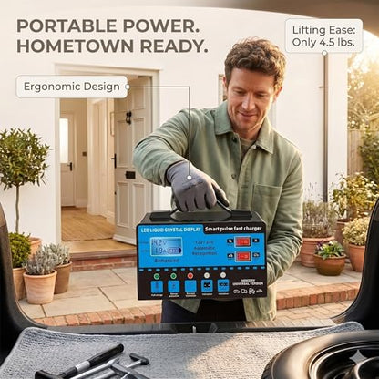 12V/24V Smart Car Battery Charger with LCD Display, Automatic Battery Maintainer & Trickle Charger, Temperature Compensation, Overcharge Protection for Cars, Trucks, SUVs & Motorcycles