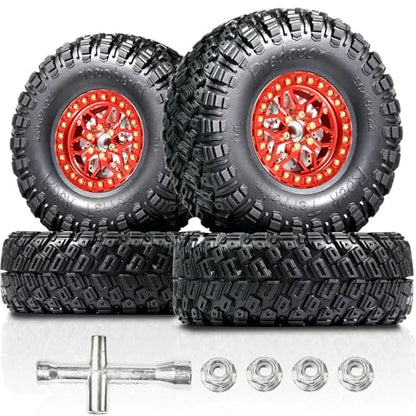 2.2 RC Crawler Tires 1/10 Beadlock Wheels 12mm Hex, Mud Terrain Rock Tires Soft Rubber 5.0x1.9, Aluminum Beadlock Rims 5.5mm Offset, RC Wheel Tire Set for SCX10 TRX4 TRX6 Gen8 VS4-10 D90 CFX - color: Red