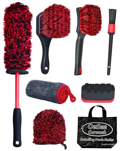8PCS Wheel Cleaning Kit with Microfiber Brush & Rubber Grip Tire Brush, Twist Loop Drying Towel, Detailing Brush, Applicator for Car Rim and Tire Care - color: Red & Black