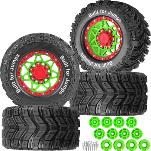 RC Truck Tires 12mm/14mm/17mm Hex RC Wheels and Tires for 1/10 Big Rock Granite Vortek/Stampede Rustler Hoss/L0s1 Rc 4wd,RC Monster Truck Car Wheel 4Pcs,Green Red - color: Green Red - (12mm/14mm/17mm Hex)
