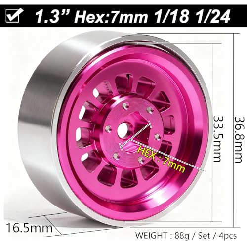 1.3” Aluminum Beadlock Wheels, -4.53mm Offset CNC 7 mm Hex Rims for 1/18 1/24 RC Crawler TRX4M, Axial SCX24 AX24, Redcat Ascent-18, FMS FCX24, 4 pcs, Pink - color: Pink